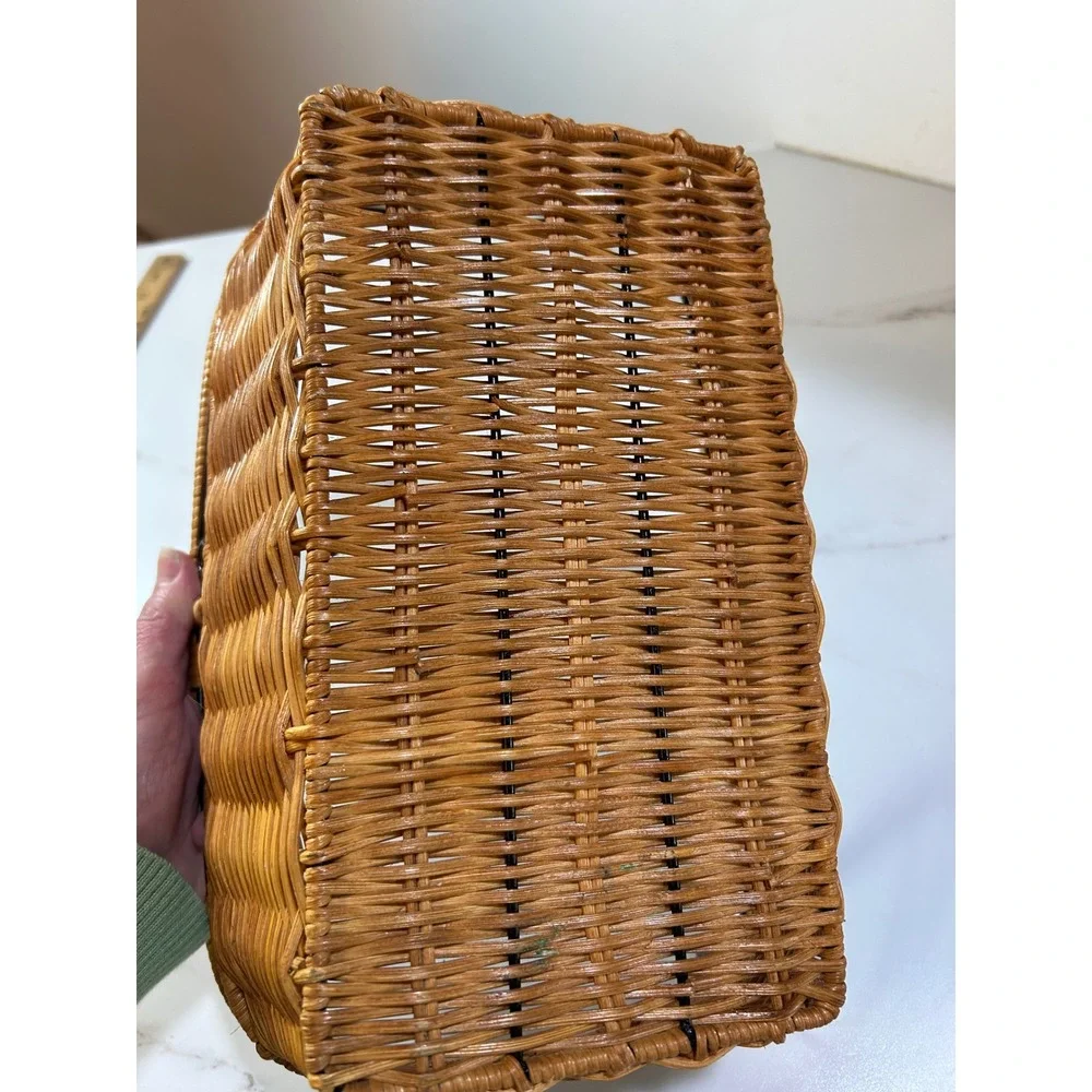 Woven Wicker Basket Black Metal Frame Scrollwork Rectangular Storage Bin Brown